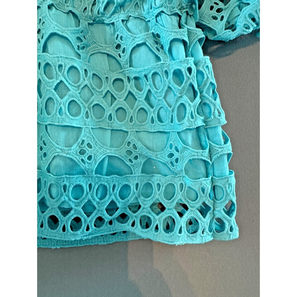 Boston Proper Embroidered Crochet Babydoll Dress XS Blue Boho Bishop Sleeve - Picture 4 of 12